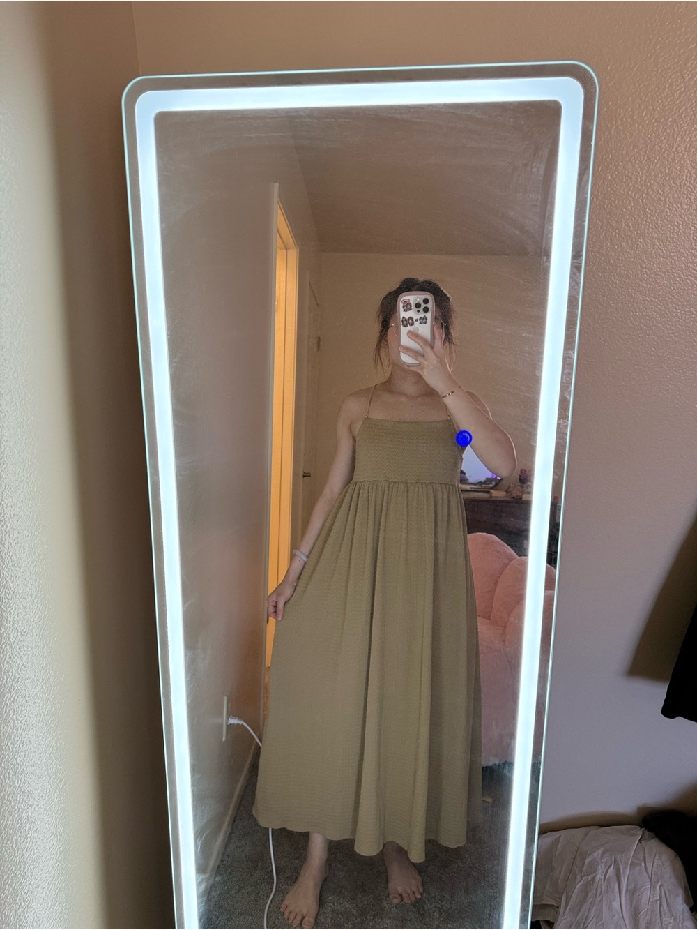Smocked Bodice Light Brown Maxi Dress with Spaghetti Straps